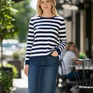 J. Crew Women French Breton Striped Nautical Top Sz M Navy/White Gold Buttons